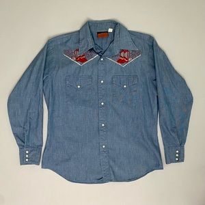 Vintage Westerner Pearl Snap, Chambray, Embroidered, Shirt, Large 16-16 1/2